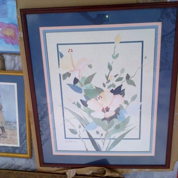 BLUE AND PEACH FLOWER PRINT WITH CUSTOM TRIPLE MAT AND CHERRY WOOD FRAME - Picture 2 of 7